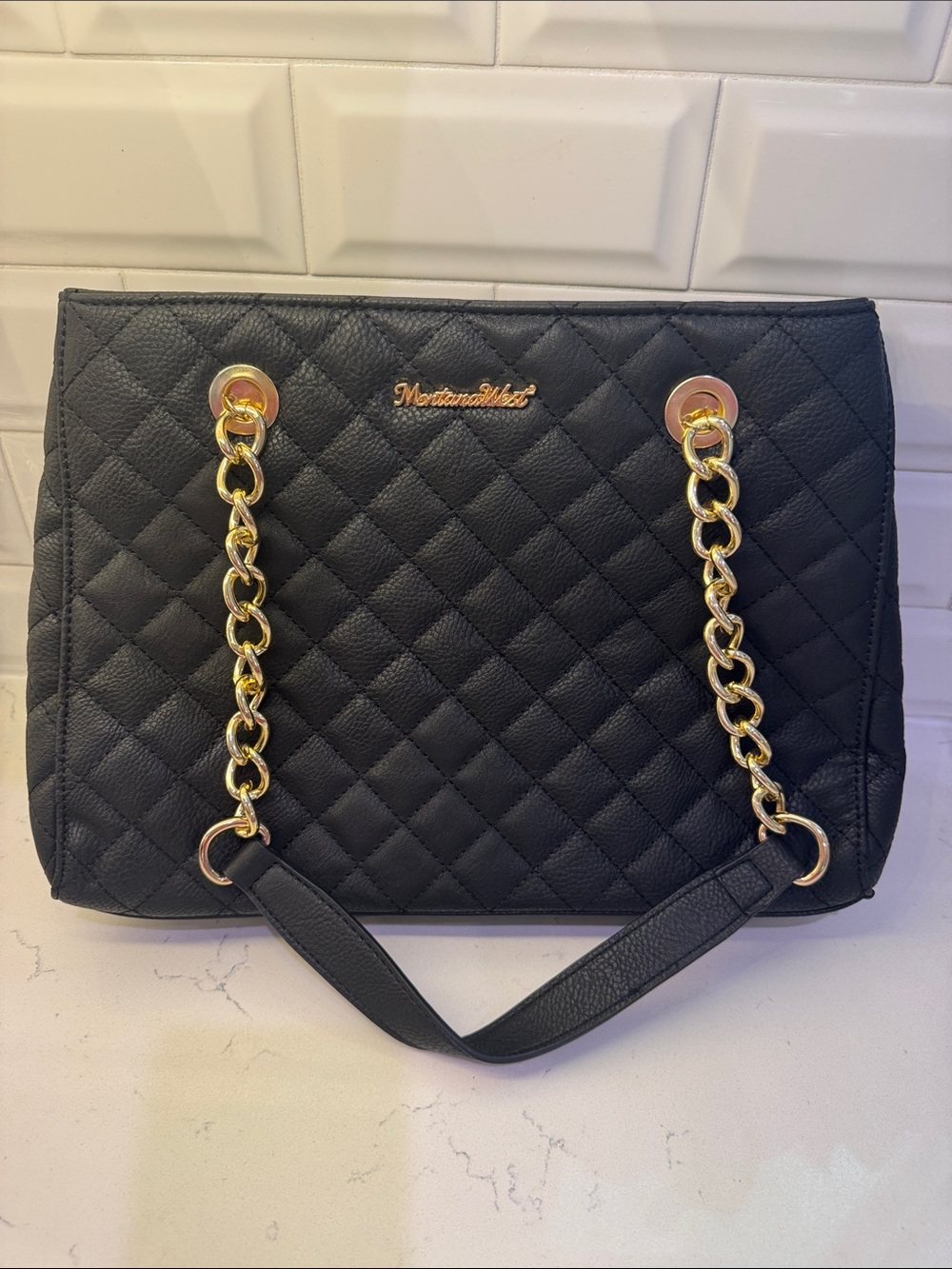 Montana West Black Quilted Shoulder Bag with Gold Chain Detail